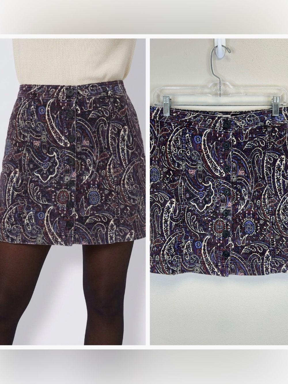 Paisley Corduroy Mini Skirt Size 12 Mod Retro‎ 60s 70s Button Up Hippie Boho
